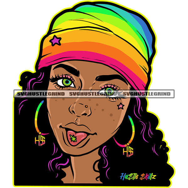 Melanin Woman Face Design Element Tongue Weed Marijuana Leaves Afro Hair Style Vector Hat On Head Rainbow Color White Background Black And Purple Color Hair SVG JPG PNG Vector Clipart Cricut Cutting Files