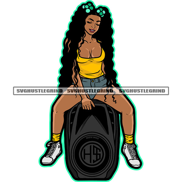 Melanin Woman Sitting On Chair Curly Long Hair Style Sexy Pose Woman Wearing Sexy Dress Smile Face Vector Music Box Sound Box SVG JPG PNG Vector Clipart Cricut Cutting Files