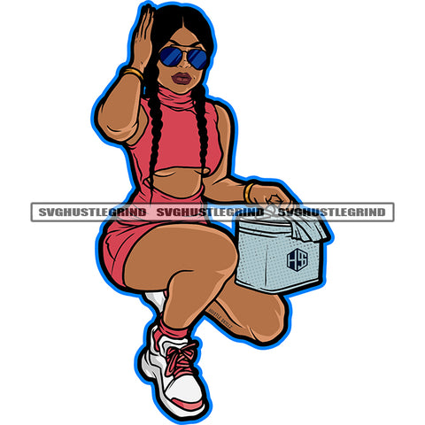 Beautiful Melanin Woman Sitting Sexy Pose Hand On Head Vector Wearing Sunglasses And Sexy Dress White Background SVG JPG PNG Vector Clipart Cricut Cutting Files
