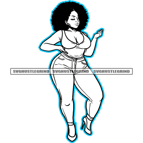 Beautiful Melanin Woman Standing Curly Afro Hair Design Element Black And White Color Line BW Vector Melanin Girl Standing Plus Size Woman SVG JPG PNG Vector Clipart Cricut Cutting Files
