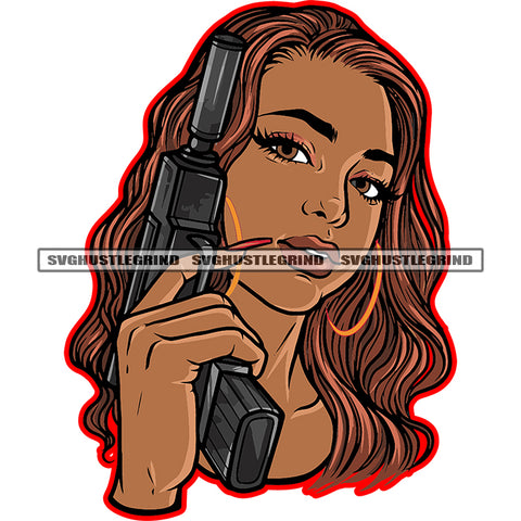 Beautiful Melanin Gangster Woman Holding Gun Vector Long Nail Design Element Red Head White Background Good Looking Girl SVG JPG PNG Vector Clipart Cricut Cutting Files