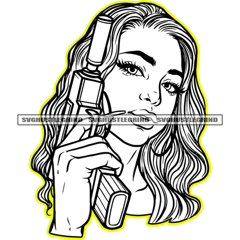 Beautiful Melanin Gangster Woman Holding Gun Vector Long Nail Black And White Design Element BW Red Head Good Looking Girl SVG JPG PNG Vector Clipart Cricut Cutting Files