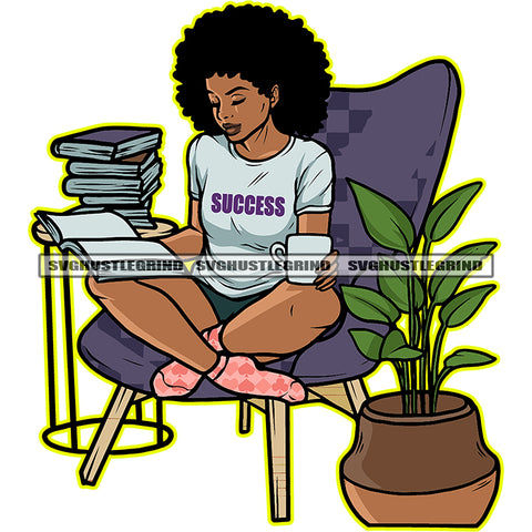 Melanin Woman Sitting On Chair Vector Girls Reading Book Design Element Tree On Side White Background Afro Hair Style SVG JPG PNG Vector Clipart Cricut Cutting Files