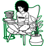 Melanin Woman Sitting On Chair Vector Girls Reading Book Black And White Design Element BW Tree On Side Afro Hair Style SVG JPG PNG Vector Clipart Cricut Cutting Files