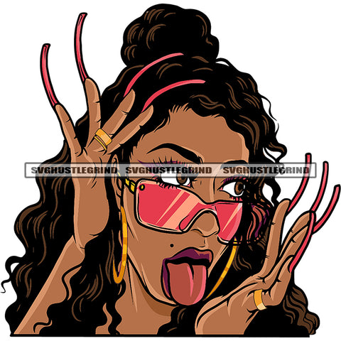 Melanin Woman Ghetto Street Girl Long Nails Tongue Out Glasses Gangster Flow Hustler Design Element Curly Long Hair Style SVG JPG PNG Vector Clipart Cricut Cutting Files