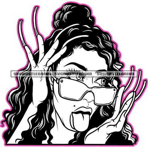 Black And White Melanin Woman Ghetto Street Girl Long Nails BW Tongue Out Glasses Gangster Flow Hustler Design Element Curly Long Hair Style SVG JPG PNG Vector Clipart Cricut Cutting Files