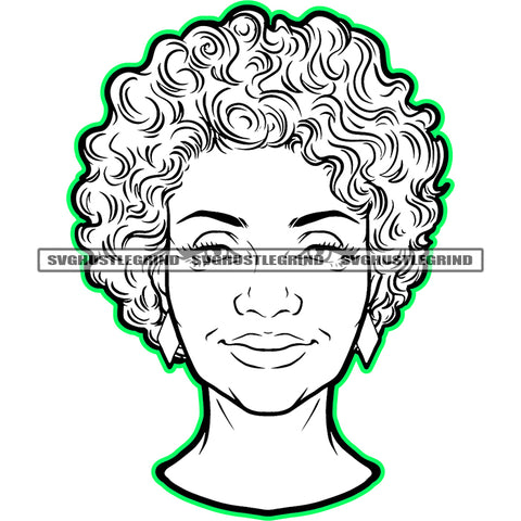 Melanin Old Woman Face Design Element Black And White Color Hair Vector Old Woman Wearing Ear Ring Smile Face BW SVG JPG PNG Vector Clipart Cricut Cutting Files