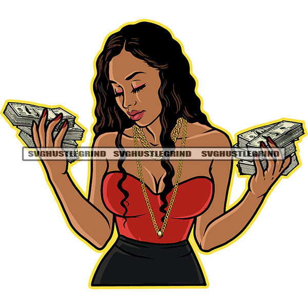 Beautiful Afro Woman Holding Money Bundle White Background Curly Hair Close Eye Design Element Sexy Look Vector Beautiful Face SVG JPG PNG Vector Clipart Cricut Cutting Files