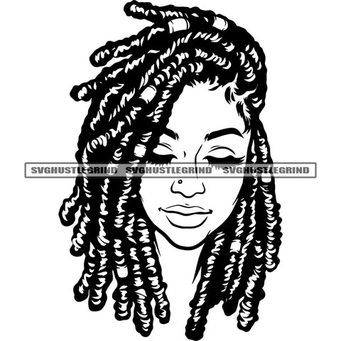 Melanin Woman Locus Hair Style Black And White Head Design Element BW Smile Face Close Eye Art Work SVG JPG PNG Vector Clipart Cricut Cutting Files