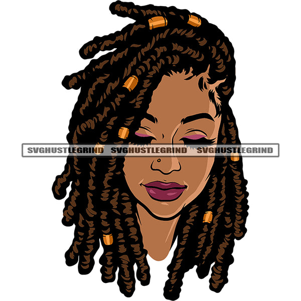 Melanin Woman Locus Hair Style White Background Head Design Element BW Smile Face Close Eye Art Work Color Face SVG JPG PNG Vector Clipart Cricut Cutting Files