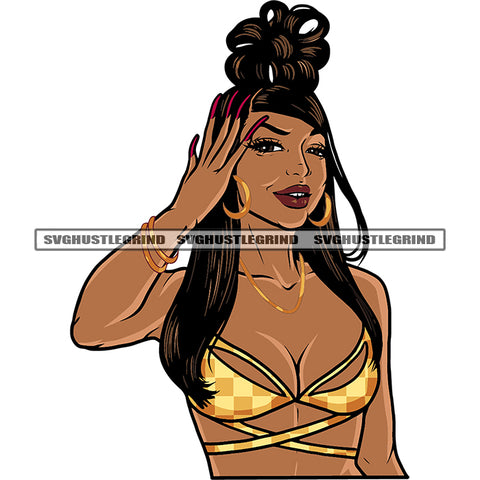 Melanin Queen Woman Face Design Element Locus Long Hair Vector Color Design Afro Girl Wearing Yellow Color Dress White Background SVG JPG PNG Vector Clipart Cricut Cutting Files