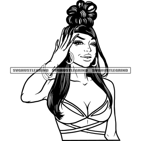 Melanin Queen Woman Face Design Element Black And White Locus Long Hair Vector Color Design Afro Girl Wearing Yellow Color Dress BW SVG JPG PNG Vector Clipart Cricut Cutting Files