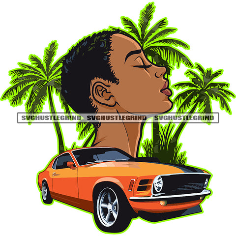 Melanin Woman Short Curly Hair Side Face Car And Tree Color Design Element Melanin Girls Close Eyes Vector Blue Color Line Cute Face Lipstick SVG JPG PNG Vector Clipart Cricut Cutting Files
