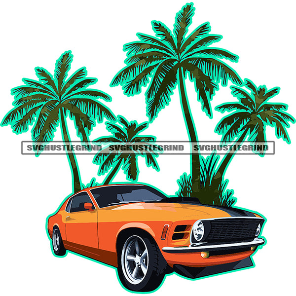 Beautiful Green Nature Palm Tree And Car Design Element White Background Colorful Artwork Nature SVG JPG PNG Vector Clipart Cricut Cutting Files