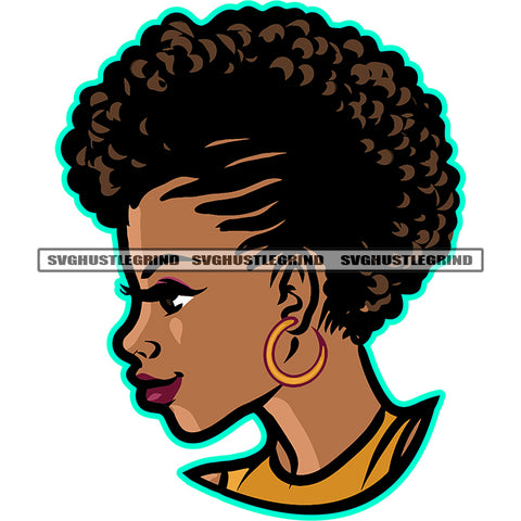 Afro Black Goddess Portrait Side Face Design Wearing Bamboo Earrings Bandana Attitude Gesture Blue Eyes Sexy Lips Woman Smile Face Design Element SVG JPG PNG Vector Clipart Cricut Cutting Files