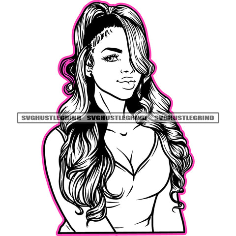 Melanin Beautiful Woman Red Head Black And White Design Element Vector BW Sexy Body One Eye Open Red Color Hair SVG JPG PNG Vector Clipart Cricut Cutting Files