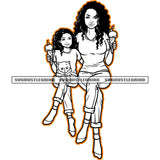 Melanin Mom And Daughter Sitting Black And White Curly Hair Family Vector Daughter Holding Cat BW Design Element SVG JPG PNG Vector Clipart Cricut Cutting Files