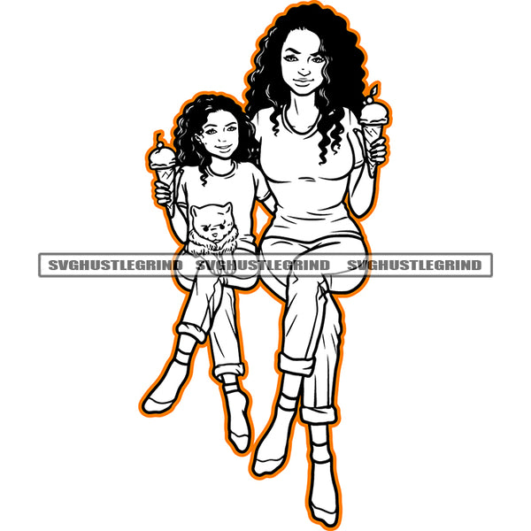 Melanin Mom And Daughter Sitting Black And White Curly Hair Family Vector Daughter Holding Cat BW Design Element SVG JPG PNG Vector Clipart Cricut Cutting Files