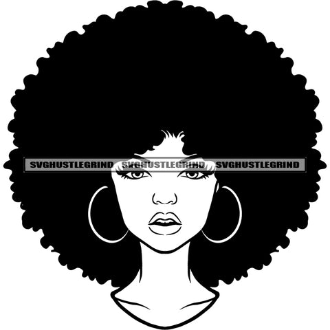 Melanin And Goddess Woman Face Black And White Design Element Big Afro Hair Style Vector Melanin Girl Boom Ear Ring BW Color Head SVG JPG PNG Vector Clipart Cricut Cutting Files