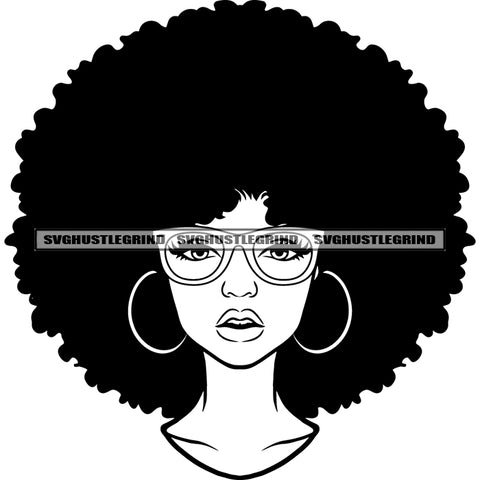 Black And White Melanin And Goddess Woman Face Design Element Big Afro Hair Style Vector Melanin Girl Wearing Sunglasses BW Color Head SVG JPG PNG Vector Clipart Cricut Cutting Files