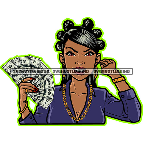 Melanin Woman Smile Face Vector Curly Hair Style Beautiful Girl Holding Cash Money Color Head White Background Wearing Big Ear Ring And Chain SVG JPG PNG Vector Clipart Cricut Cutting Files