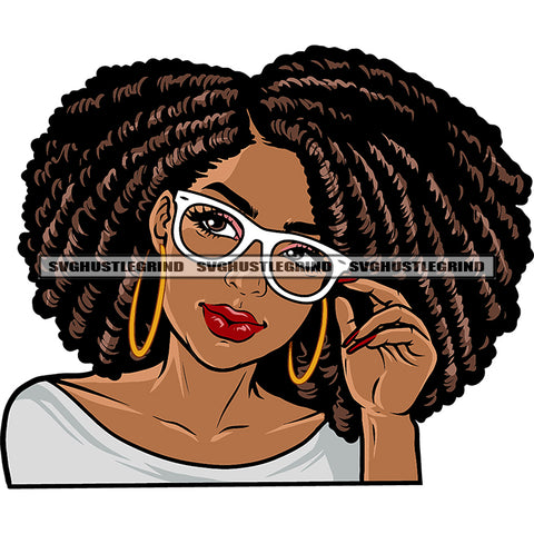 Melanin Woman Wearing Sunglasses Vector Locus Hair Style Design Element White Background Afro Long Nail And Boom Ear Ring SVG JPG PNG Vector Clipart Cricut Cutting Files
