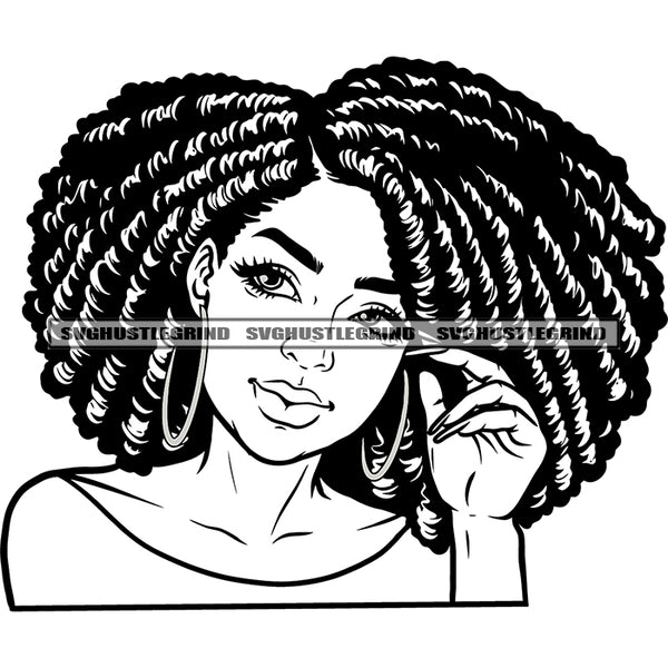 Black And White Melanin Woman Wearing Sunglasses Vector BW Locus Hair Style Design Element Afro Long Nail And Boom Ear Ring SVG JPG PNG Vector Clipart Cricut Cutting Files