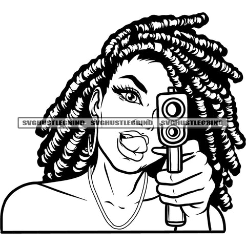 Black And White Melanin Woman Holding Gun Vector BW Locus Hair Style Design Element Sexy Pose Afro Long Nail And Boom Ear Ring SVG JPG PNG Vector Clipart Cricut Cutting Files