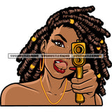Melanin Woman Holding Golden Gun Vector Locus Hair Style Design Element Sexy Pose Afro Long Nail And Boom Ear Ring White Background SVG JPG PNG Vector Clipart Cricut Cutting Files