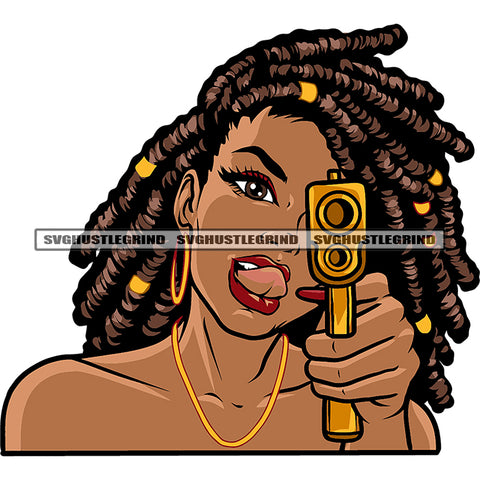 Melanin Woman Holding Golden Gun Vector Locus Hair Style Design Element Sexy Pose Afro Long Nail And Boom Ear Ring White Background SVG JPG PNG Vector Clipart Cricut Cutting Files