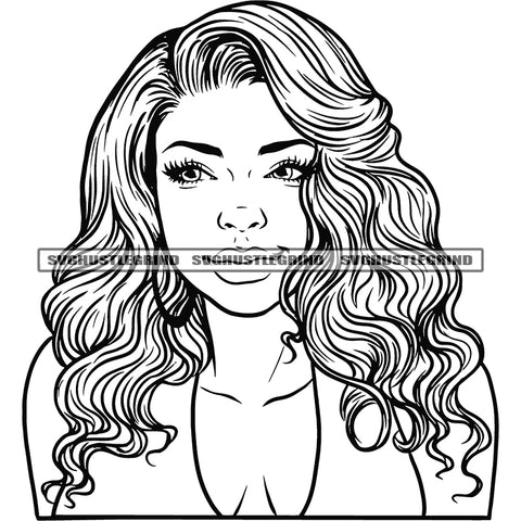 Black And White Beautiful Melanin Woman Face Design Element White Background BW Color Hair Sexy Pose Vector Ear Ring Lipstick SVG JPG PNG Vector Clipart Cricut Cutting Files