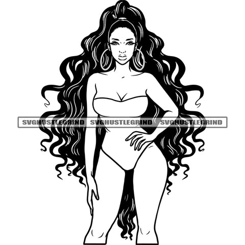 Melanin Sexy Woman Standing Vector Black And White Curly Long Hair Style Wearing Boom Ear Ring BW And Bikini Design Element SVG JPG PNG Vector Clipart Cricut Cutting Files