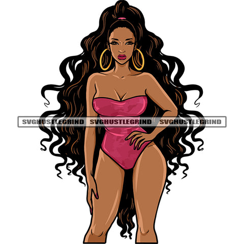 Melanin Sexy Woman Standing Vector Cute Face Smile Curly Long Hair Style Wearing Boom Ear Ring White Background And Bikini Design Element SVG JPG PNG Vector Clipart Cricut Cutting Files