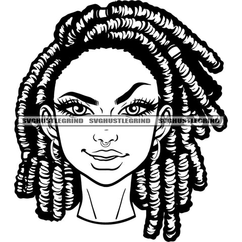 Melanin Woman Locus Hair Style Vector Smile Face Design Element Black And White Melanin Woman Wearing Nose Hoop BW SVG JPG PNG Vector Clipart Cricut Cutting Files