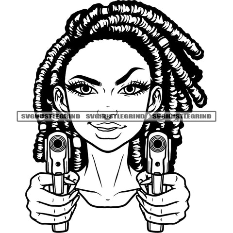 Melanin Woman Holding Double Gun Locus Black And White Hair Style Vector Smile Face Design Element Black And White Melanin Woman Wearing Nose BW Hoop SVG JPG PNG Vector Clipart Cricut Cutting Files