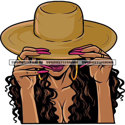 Melanin Woman Wearing Hat Vector Hand Holding Cowboy Cap Curly Hair Style Long Nail Design Element White Background Girls Sexy Pose No Face SVG JPG PNG Vector Clipart Cricut Cutting Files