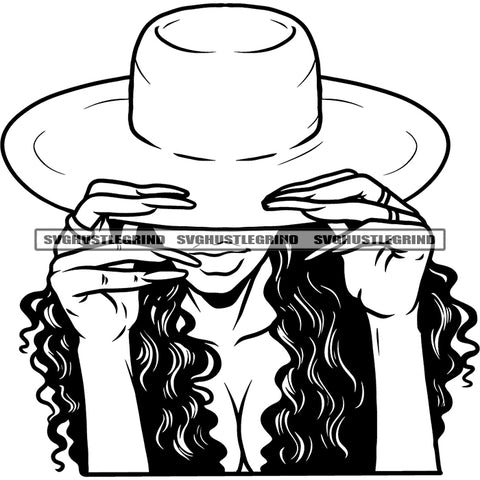 Melanin Woman Wearing Hat Black And White Vector Hand Holding Cowboy Cap BW Curly Hair Style Long Nail Design Element Girls Sexy Pose No Face SVG JPG PNG Vector Clipart Cricut Cutting Files