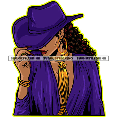 Melanin Woman Wearing Hat Vector Curly Hair Style White Background Design Element Afro Woman Wearing Blue Color Dress  SVG JPG PNG Vector Clipart Cricut Cutting Files