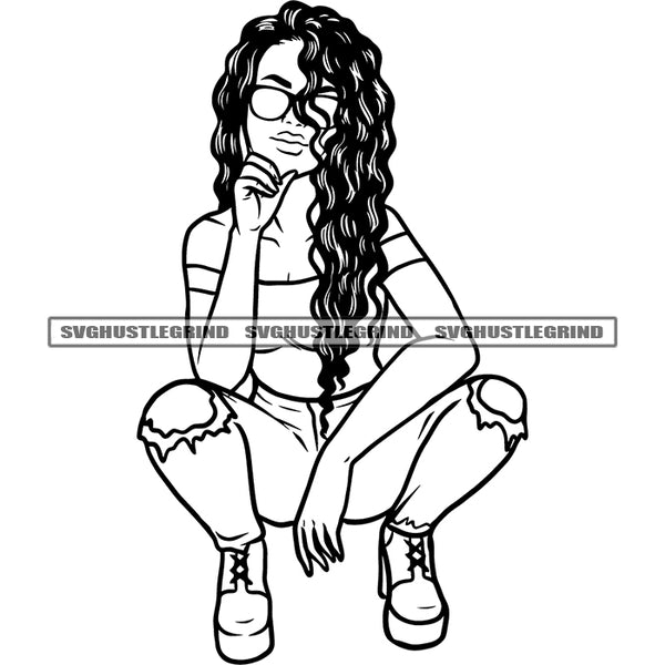 Melanin Young Girl Sitting Black And White Wearing Sunglass Curly Long Hair Style Vector Design Element Sexy Pose BW SVG JPG PNG Vector Clipart Cricut Cutting Files
