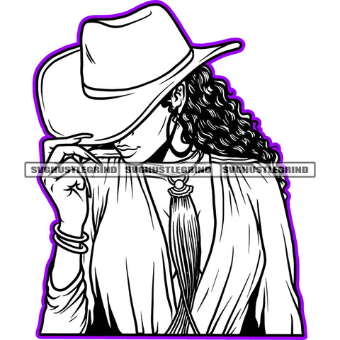 Black And White Melanin Woman Wearing Hat Vector Curly Hair Style BW Design Element Afro Woman Wearing Blue Color Dress  SVG JPG PNG Vector Clipart Cricut Cutting Files