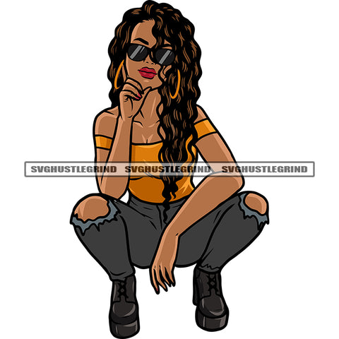 Melanin Young Girl Sitting Wearing Sunglass Curly Long Hair Style Vector Design Element Sexy Pose White Background SVG JPG PNG Vector Clipart Cricut Cutting Files