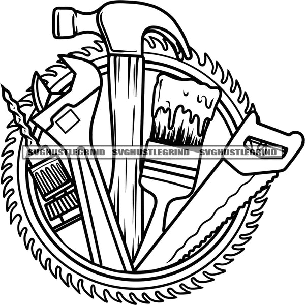 Repairs And Maintenance Tools Black And White Repair Sketch For Home Hammer Wrench Screwdriver Design Element BW Logo Handy Man Brush SVG JPG PNG Vector Clipart Cricut Cutting Files