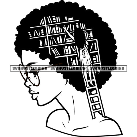Melanin And Goddess Woman Afro Hair Style Black And White Woman Wearing Sunglass Design Element Book Self On Head Design BW SVG JPG PNG Vector Clipart Cricut Cutting Files