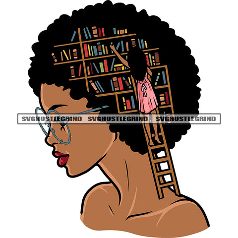 Melanin And Goddess Woman Color Design Element Afro Hair Style Woman Wearing Sunglass Book Self On Head Design White Background SVG JPG PNG Vector Clipart Cricut Cutting Files