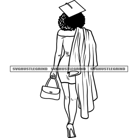 Black And White Graduation Woman Hand Holding Bag Goals Achievement Wearing Cap BW Diploma School Goals Red Bottom Heels Afro Hairstyle Design Element SVG JPG PNG Vector Clipart Cricut Cutting Files