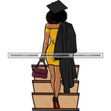 Graduation Woman On Stair Hand Holding Bag Goals Achievement Cap Diploma School Goals Red Bottom Heels Afro Hairstyle White Background Design Element SVG JPG PNG Vector Clipart Cricut Cutting Files