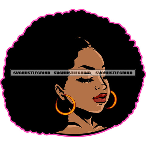 Melanin Woman Head Design Element Afro Big Hair Style Close Eye White Background Wearing Boom Ear Ring Vector Color Line SVG JPG PNG Vector Clipart Cricut Cutting Files