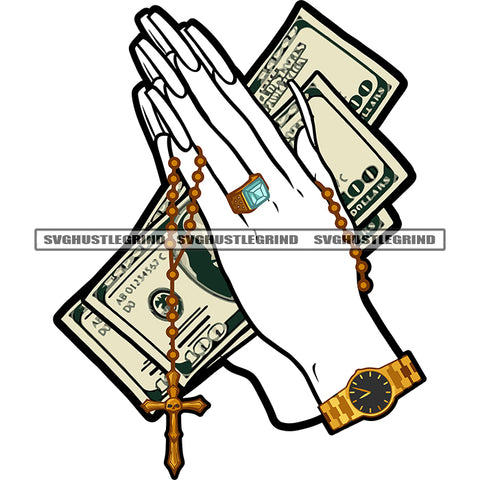 Woman Hand Holding Cash Money Black And White Vector Wearing Watch And Stone Ring BW Design Element Cross On Finger Long Nail Artwork SVG JPG PNG Vector Clipart Cricut Cutting Files