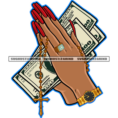 Woman Hand Holding Cash Money Vector Wearing Watch And Stone Ring Design Element Cross On Finger Long Nail Artwork SVG JPG PNG Vector Clipart Cricut Cutting Files