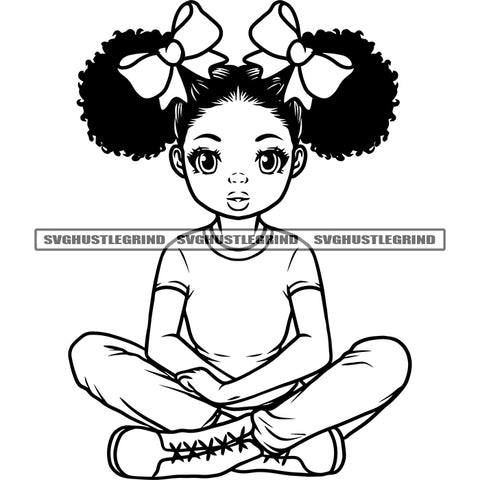 Black And White Afro Baby Girl Sitting Holding Hand Design Element Big Afro Hair Style Vector BW Cute Face Baby Smile SVG JPG PNG Vector Clipart Cricut Cutting Files